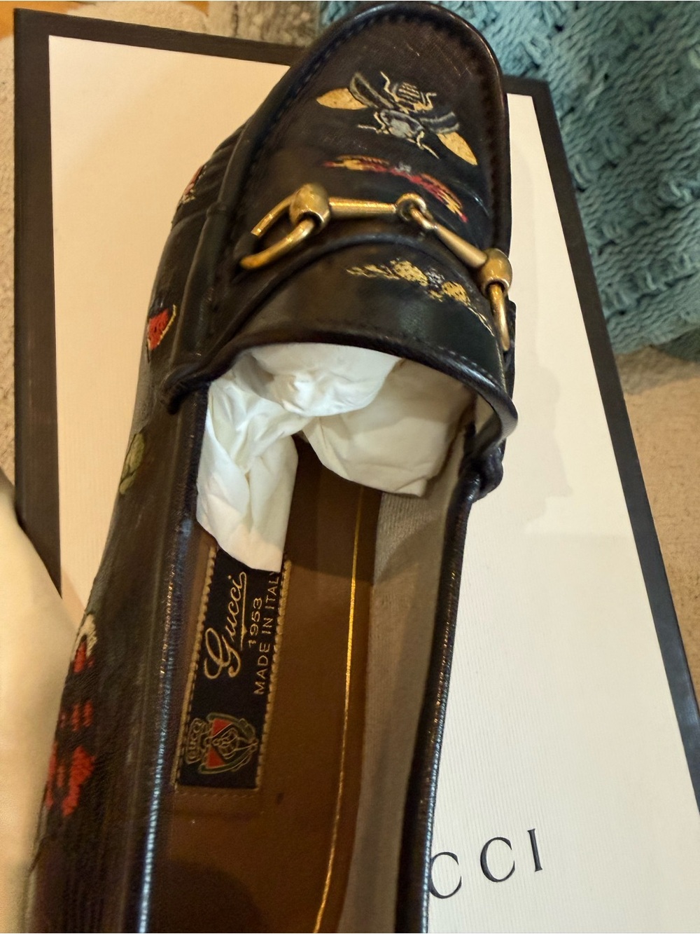 Gucci Black Leather Embroidered Horsebit Loafers